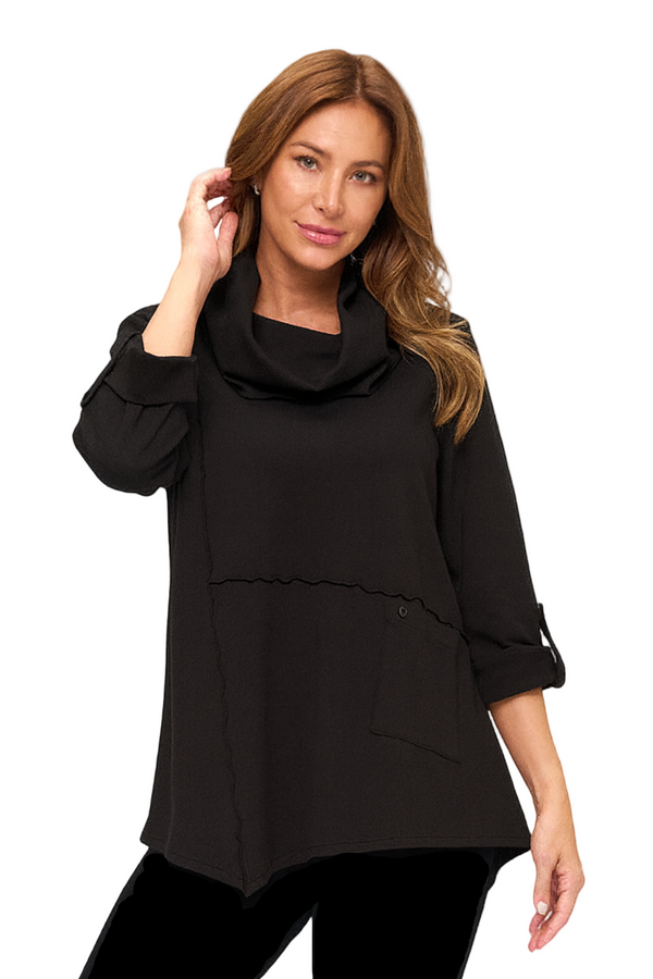 Draped Cowl-Neck Tunic in Black - HC201-BLK
