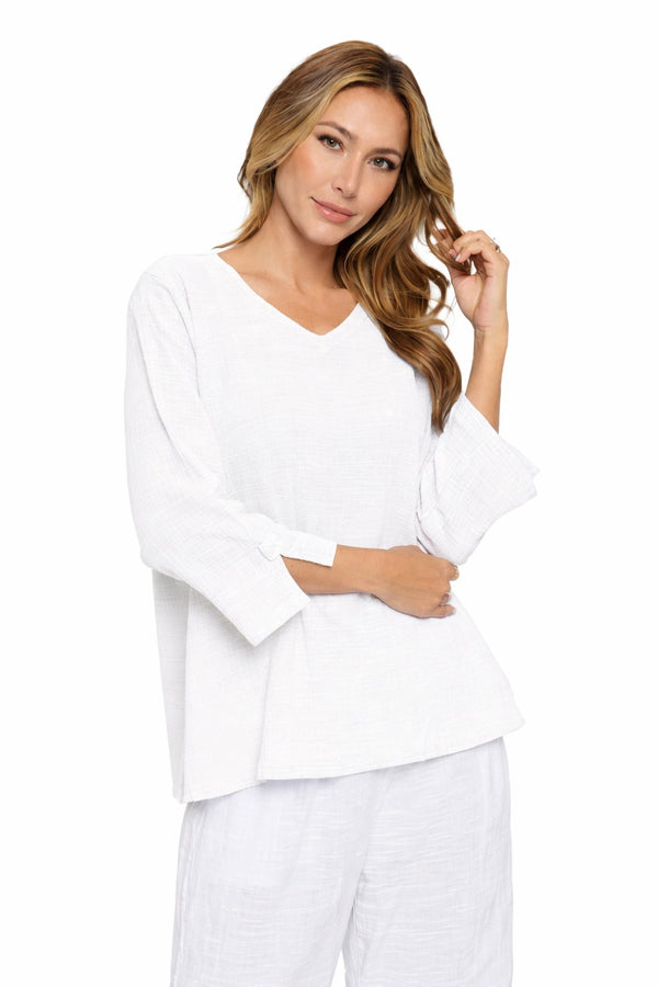 Textured V-Neck Cotton Top in White - NS110-WHT