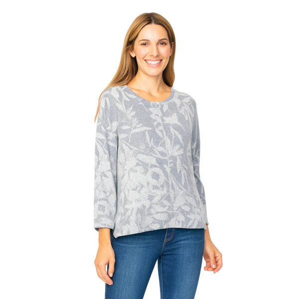 Soft Brushed Knit Floral High-Low Top in Grey - 36469-GRY - Size S