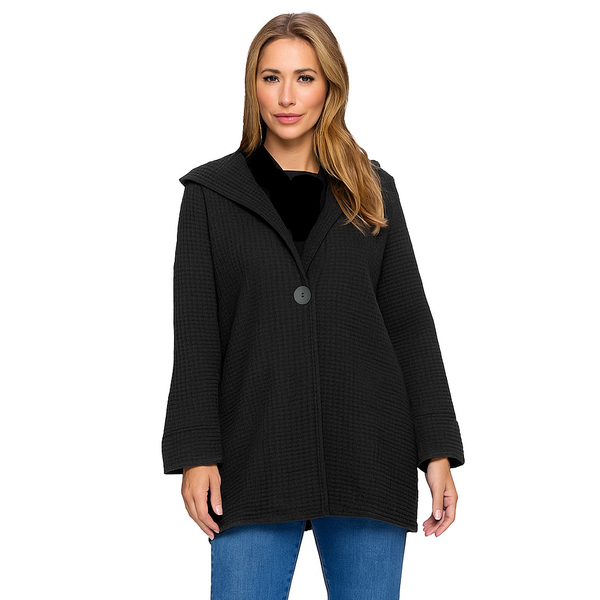 Long Hooded Waffle Jacket in Black - FW138-BK