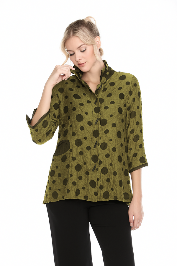 Polka-Dot Print Button Front Blouse/Jacket in Kiwi - 3920-KW