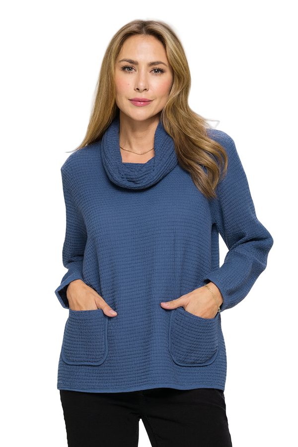 Cowl-Neck Waffle Top in Blue Indigo - FW137-IN - Sizes S & M Only!