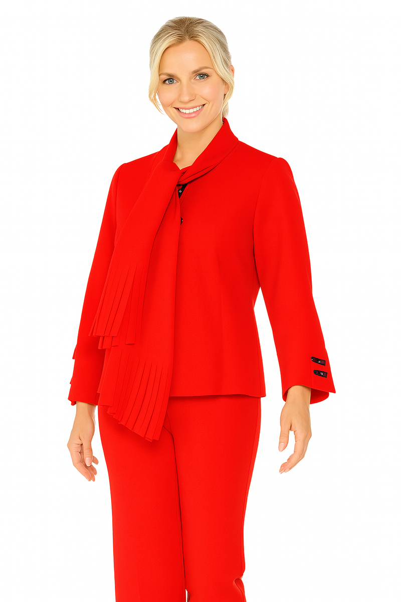 Modern Zip-Front Jacket with Fringe Scarf in Red - 6929J-RD