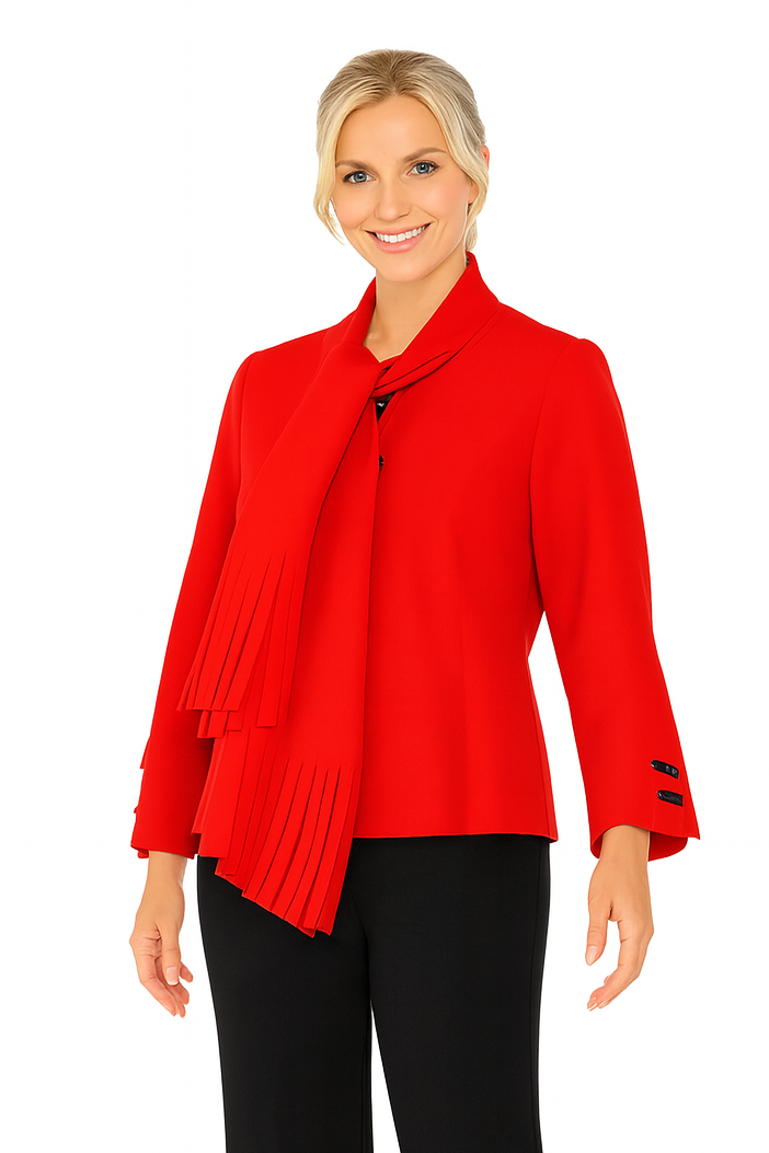Modern Zip-Front Jacket with Fringe Scarf in Red - 6929J-RD