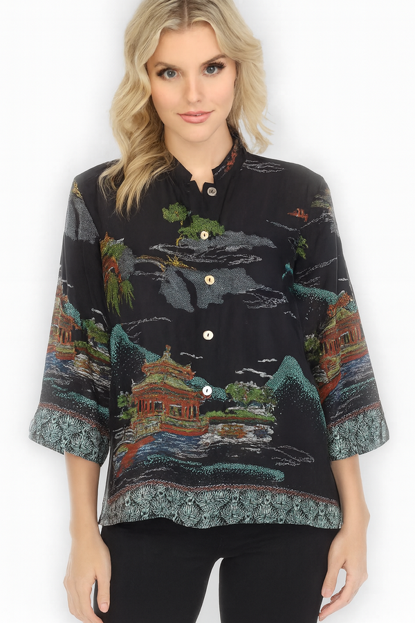 Pagoda Mountain Print Silk-Blend Blouse - 1213PM - Size  0X Only!