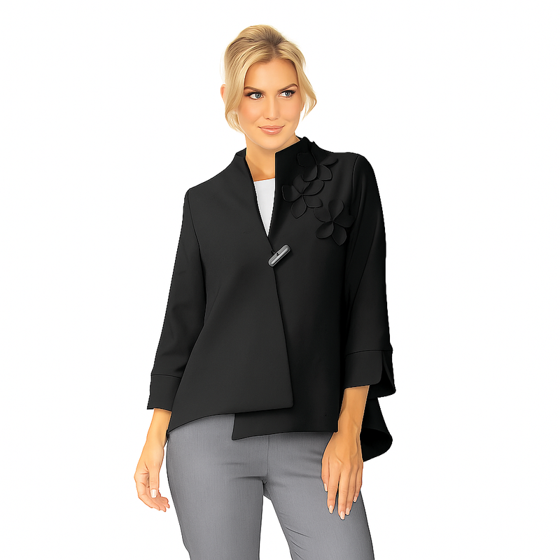 Floral Embroidered Asymmetric Jacket in Black - 7268J-BLK