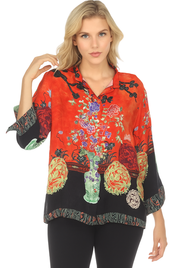 Asian Inspired Art Print Blouse in Red/Multi - 1213LMT