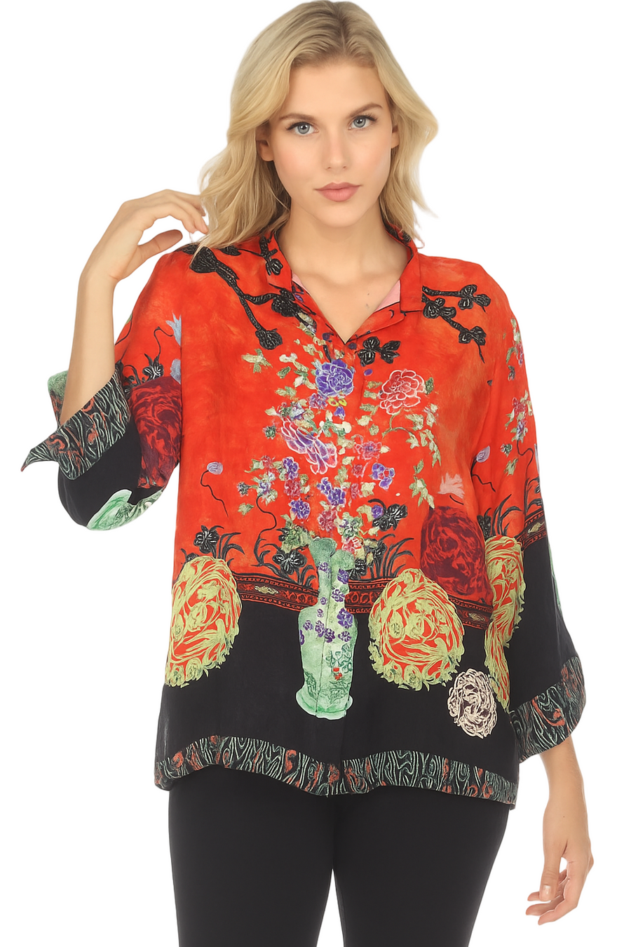 Asian Inspired Art Print Blouse in Red/Multi - 1213LMT – Shop My