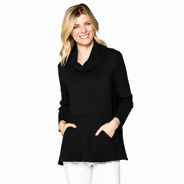 Waffle Cowl-Neck Tunic in Black - FW111-BLK