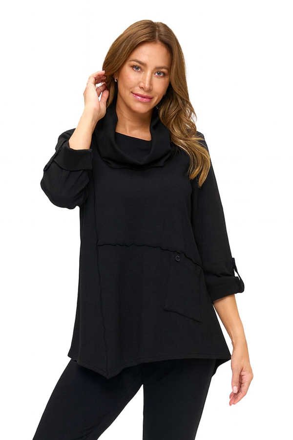 Draped Cowl-Neck Tunic in Black - HC201-BLK