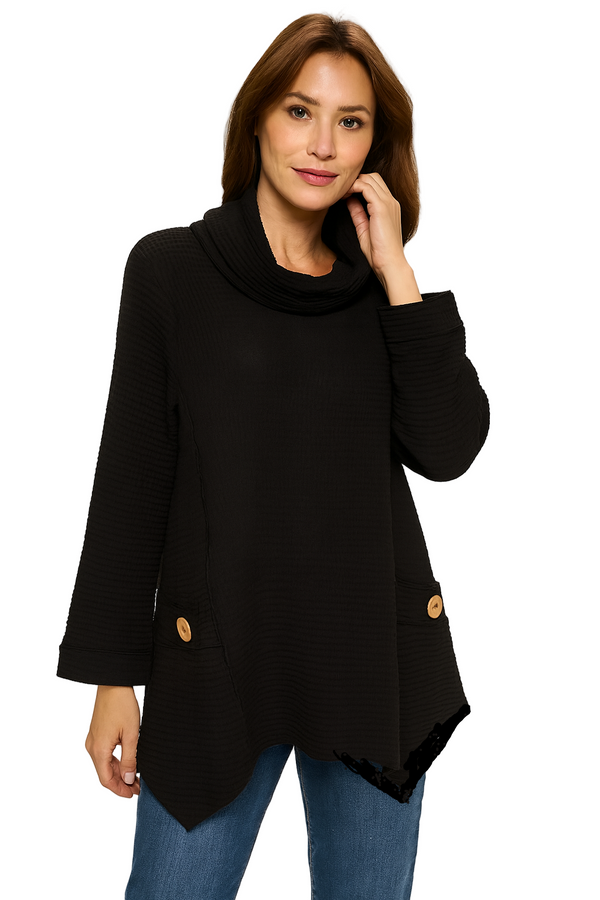 Cowl-Neck Waffle Tunic in Black Coffee - FW153-BLK - Sizes S & M