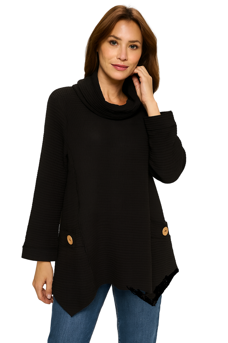 Cowl-Neck Waffle Tunic in Black Coffee - FW153-BLK - Sizes S & M
