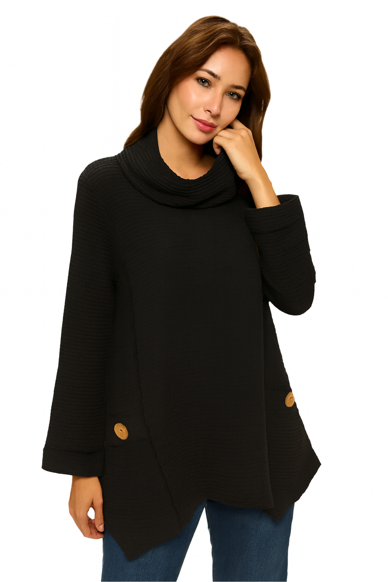 Cowl-Neck Waffle Tunic in Black Coffee - FW153-BLK - Sizes S & M