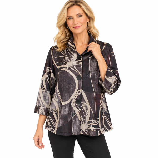 Artistic Print Jacket with Wired Collar - 5021 PLUM