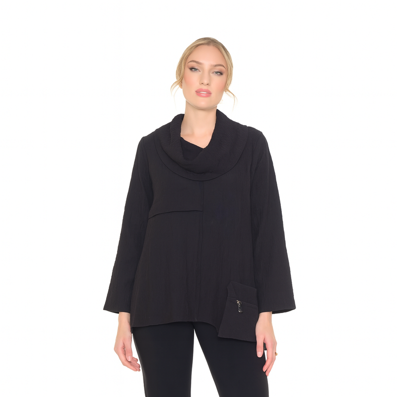 Draped Cowl Neck Tunic Top in Black - 7727-BLK