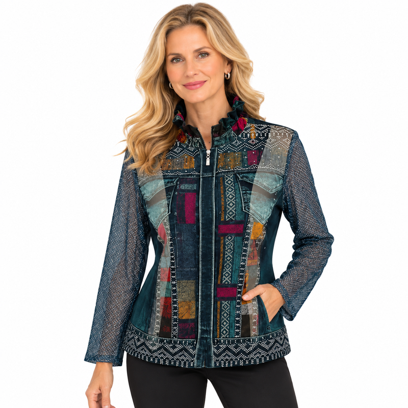 Just In! Geometric & Denim Print Mesh Jacket & Soft Knit Tank - 31456