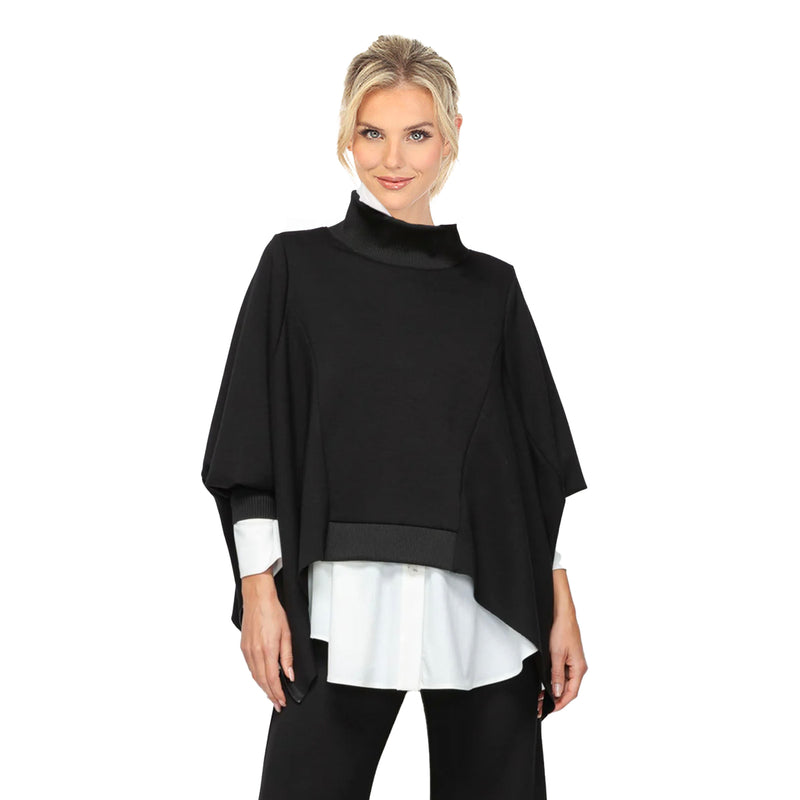 Fashion-Forward High Collar Poncho with Zip Sides in Black - 7136T-BLK