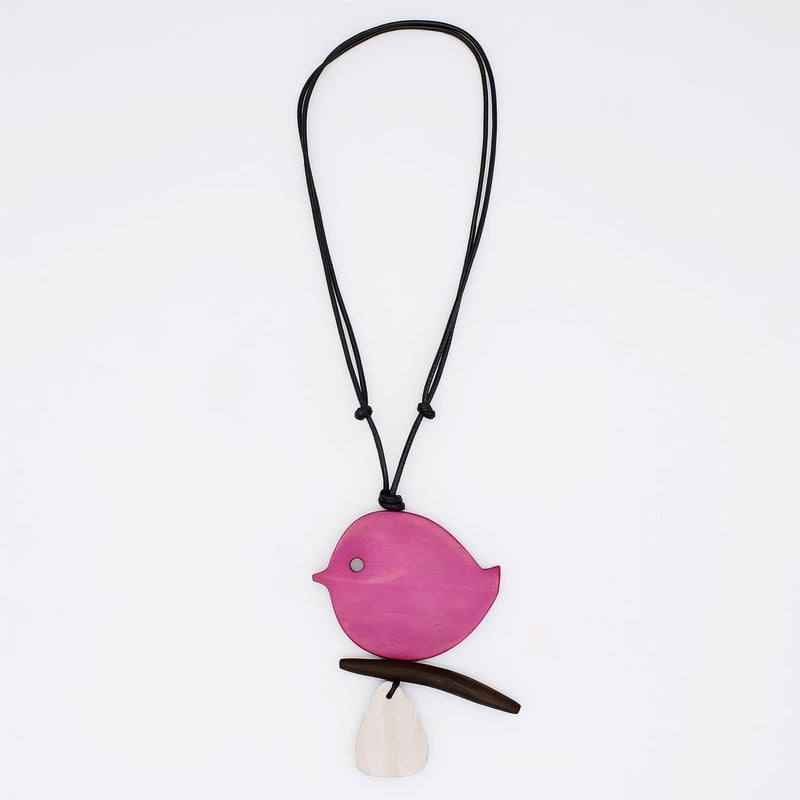 Fuchsia Robin On A Branch Necklace