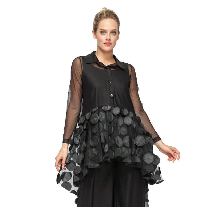 Embroidered Dot Hi-Low Tunic Blouse in Black - 6471T-BLK