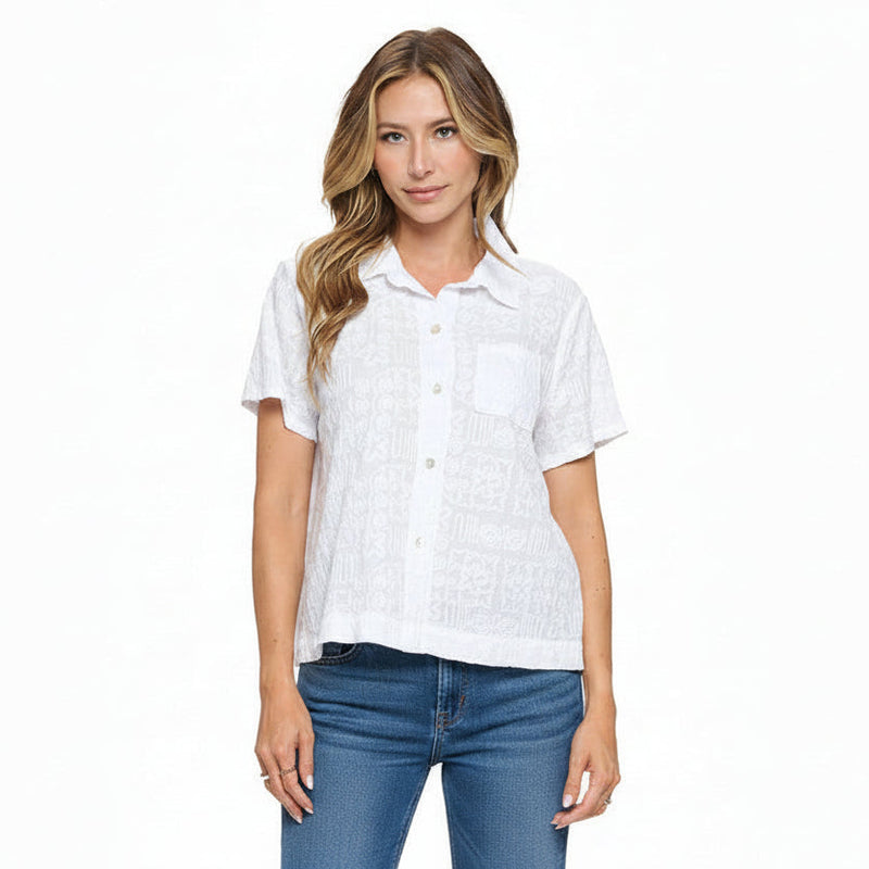 Embroidered Cotton Short Sleeve Shirt in White - EC111-WT