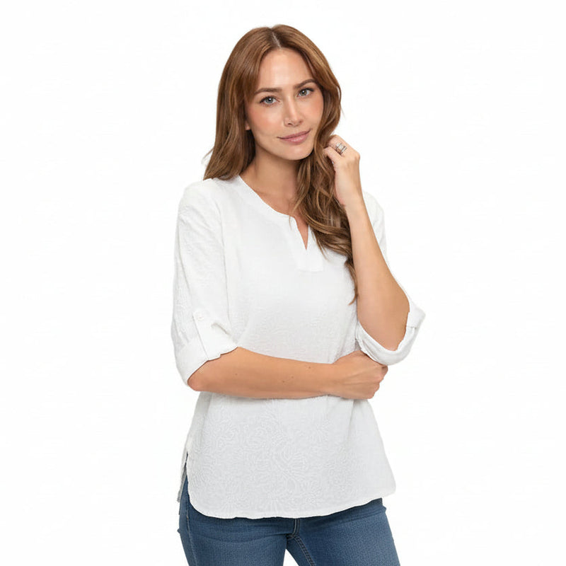 Embroidered Split V-Neck Top in White - EC436-WHT