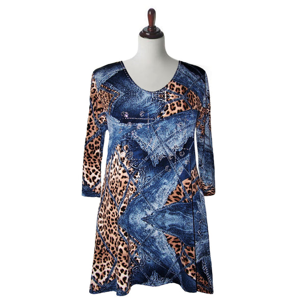 Valentina Signa "Denim & Cheetah" Print V-Neck Tunic in Blue/Multi - 11784