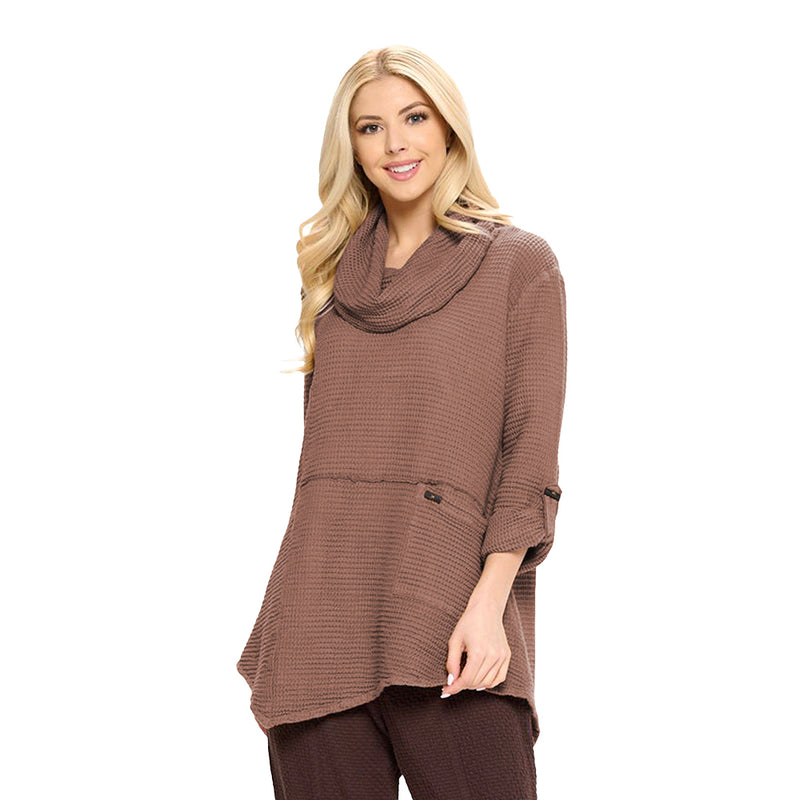 Focus Fashion Cowl-Neck Waffle Tunic in Chocolate- FW-124-CHOC