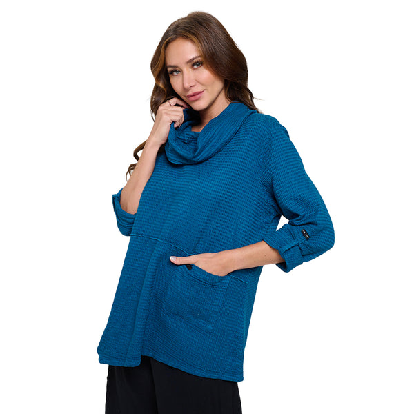 Focus Fashion Cowl-Neck Waffle Tunic in Deep Sea- FW-124-DS