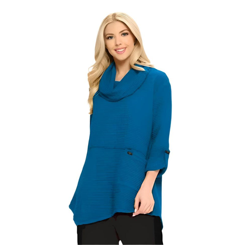 Focus Fashion Cowl-Neck Waffle Tunic in Deep Sea- FW-124-DS