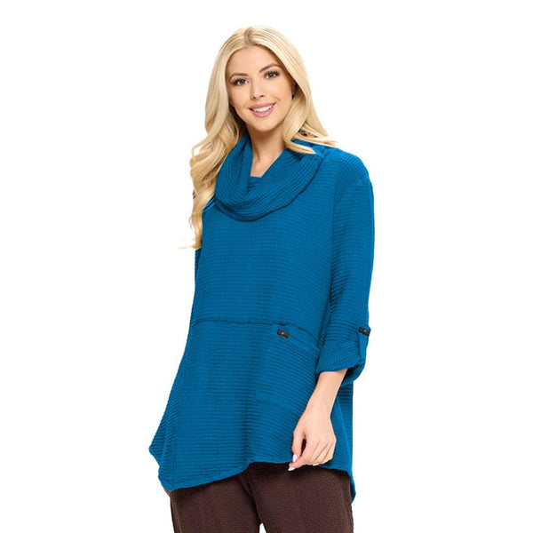 Focus Fashion Cowl-Neck Waffle Tunic in Deep Sea- FW-124-DS