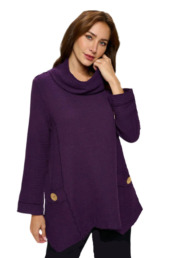 Waffle Textured Cowl-Neck Tunic in Purple - FW153-PPL