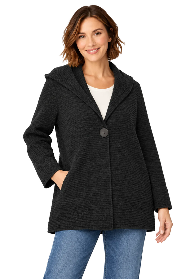 One-Button Hooded Waffle Jacket in Black - FW138-BK