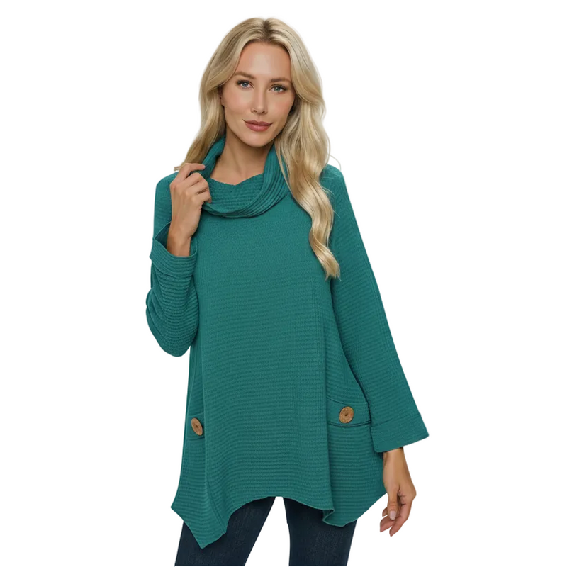 Drape Cowl-Neck Waffle Tunic in Ocean - FW153-OCN