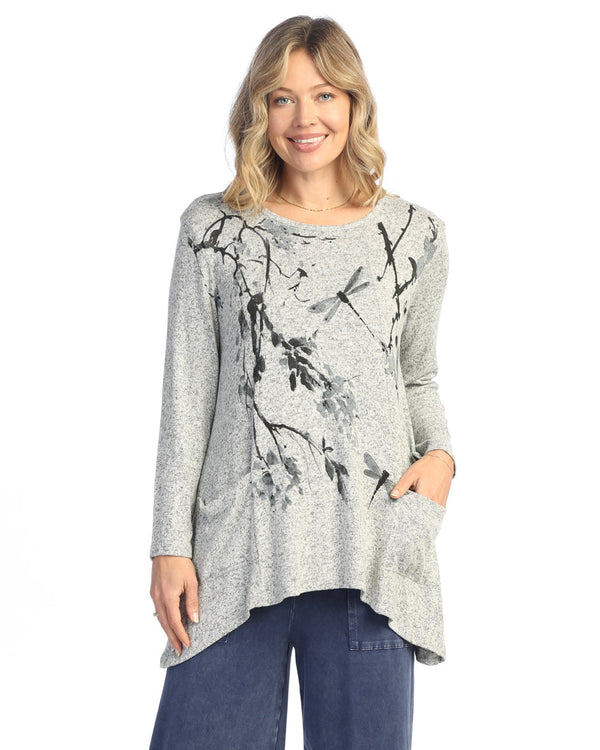 "Sakura" Abstract Print Sweater Knit Top in Heather - GB3-2045