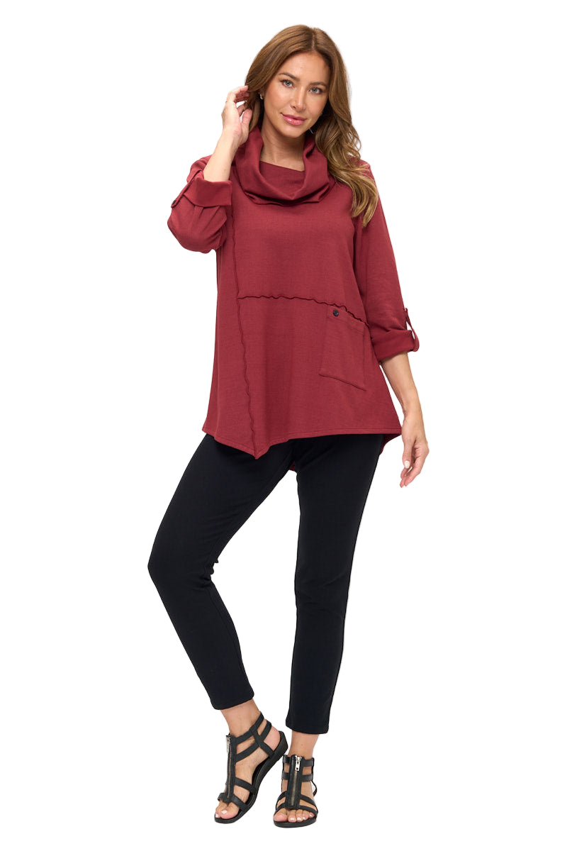 Draped Cowl-Neck Tunic in Burgundy - HC201-BRG