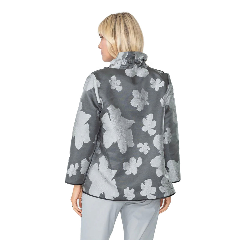 FALL' 24! IC Collection Blossom Jacquard Open Front Jacket in Charcoal - 4757J-CH