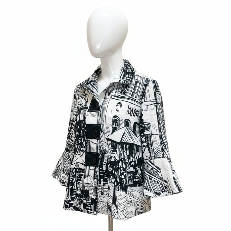 Black & White Cityscape Button Jacket - 4996