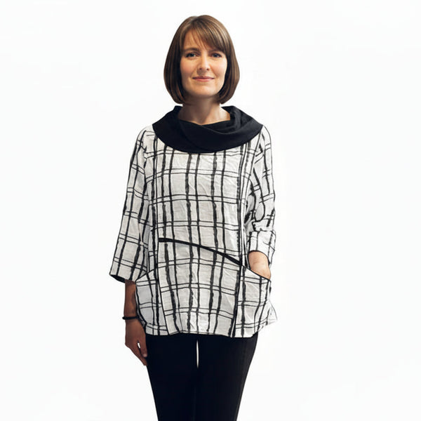 Textured Check Cowl Neck Top in Black - 4253-BLK