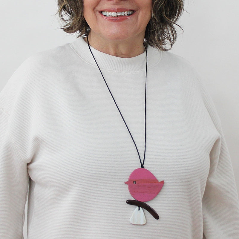 Pink Robin On A Branch Adjustable Necklace