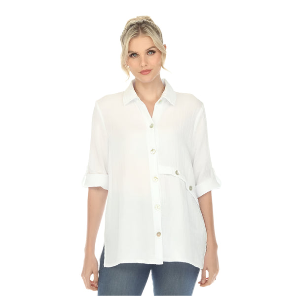 Focus Double Gauze Button Front Tunic Shirt in White - JG-201-WT