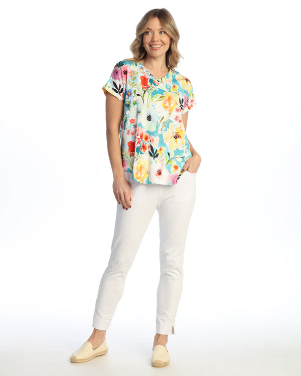 "Blooming" Cotton Modal Easy Fit Short Sleeve V-Neck Top - KM2-2112