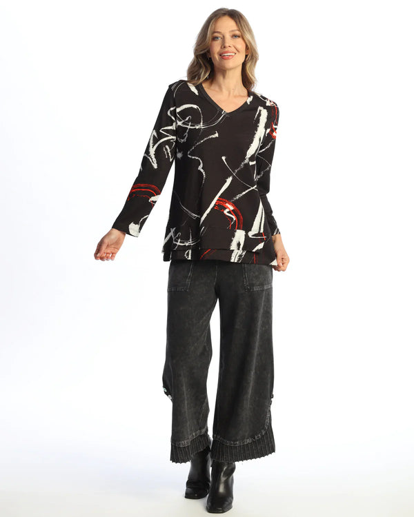 Cotton Modal V-Neck Top w/ Overlined Hem - KM6