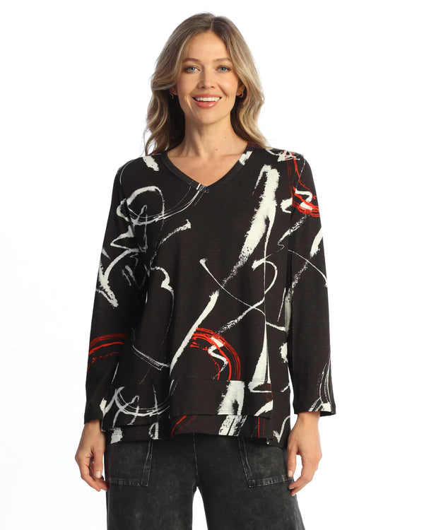 Cotton Modal V-Neck Top w/ Overlined Hem - KM6