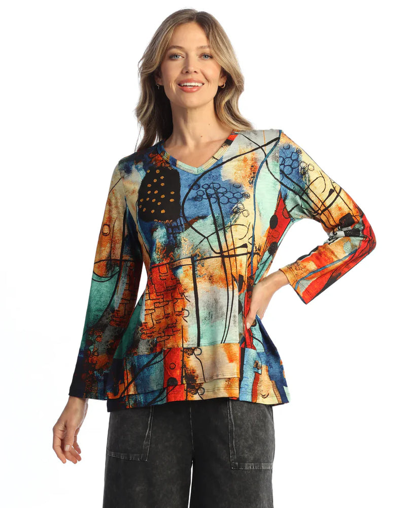Cotton Modal V-Neck Top w/ Overlined Hem - KM6