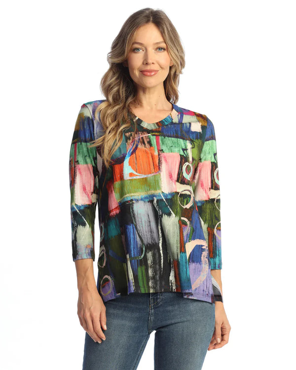 Cotton Spandex Rounded V-Neck Top W/ Side Slits - KS1