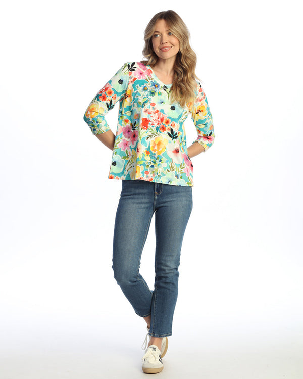 "Blooming" Cotton Spandex V-Neck Top W/ Side Slits - KS1-2112