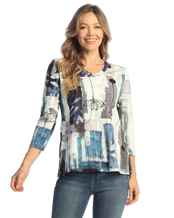 Cotton Spandex Rounded V-Neck Top W/ Side Slits - KS1