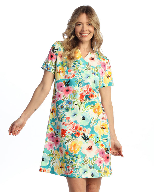 "Blooming" Cotton Spandex Notch Neck Shift Dress- KS4-2112