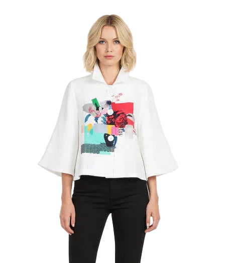 Collage Art Print Cropped Jacket - 5085-Wht