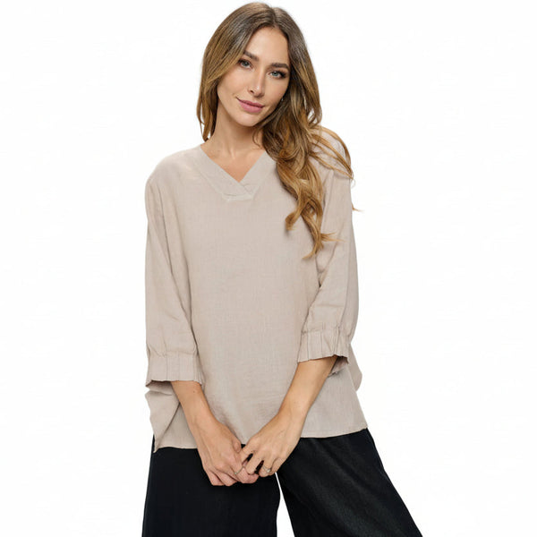 French Linen V-Neck Tunic in Soy Latte - L656-SOY